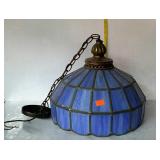Blue leaded glass hanging lamp, 17" across, in