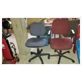 Office chairs. Red with arms, blue task chair,
