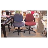 Two office chairs - black is missing 1 wheel, and