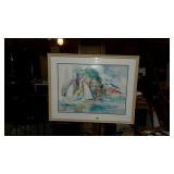 Framed and matted watercolor print depicting