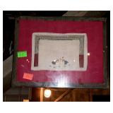 Framed art, quilt piece with roosters 13x10