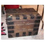 Wooden trunk with hinged lid, metal strap
