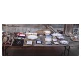 Large table lot of glassware and pictures