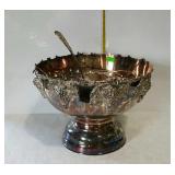 Silver plated punch bowl with ladel & wine bottle