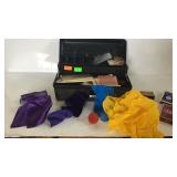 Plastic tool box with misc items such as playing