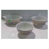 Pyrex bowls - blue on tan, one tab handled 8.5", &