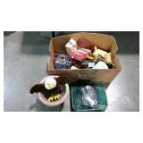 Box lot with poly planter, stuffed eagle, garden