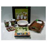 Decor group with ceramic dog bowl, platter, cork