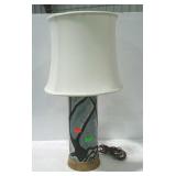 Table lamp with cloth shade , signed R. Doyen-