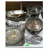 Group lot of silver plated serving dishes.