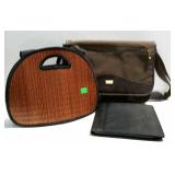 Two bags and a notebook cover. One is by baskets