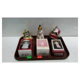 Tray of Christmas ornaments.  Three glass and