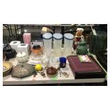Table lot with decor, kitchenware, picture frames