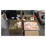Group lot with baby doll, binders, home decor,