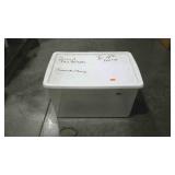 Storage tote with white lid, magic maker writing