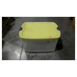 Storage tote with yellow lid, magic maker writing