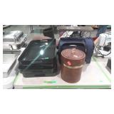 Group - wine rack, ice bucket, four serving trays,