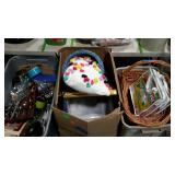 Misc box lot group, tote with kitchen supplies,