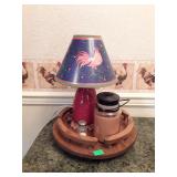 Oak lazy Susan, red roster lamp, Paula Dean
