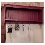 Red painted country decor coat shelf with 5 pegs