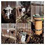 Backyard flower pots, birdbath, ornaments,