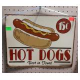 Metal sign, advertising hotdogs. 16"×12.5".