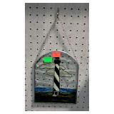 Lighthouse painted glass decor piece with chain
