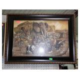 Framed print depicting Noahs Ark and the animals.