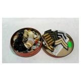 Buttons & military patches, tin of