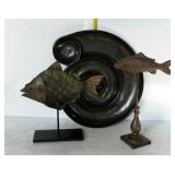 Home decor - two metal fish statues, and one shell