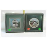 Needlework pictures - two cottage scenes, famed &