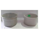 Two crocks, dog bowl style, 4 inches tall - one