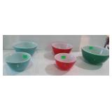 Pyrex bowls - 8-1/2" green, 7" & 5-1/2" nested red