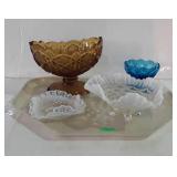 Glass- Amber footed oval fruit bowl, blue dessert