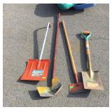 Four long handled tools: car shovel, edgers,