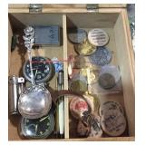 Box with pocket watch, coins, zippo  lighter etc