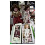Porcelain dolls - lot of five with stands, 3 have