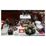 Christmas decor- tree topper bows, ornaments, dish