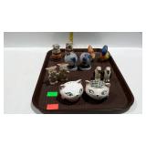 Figural shakers, six pair - cats, birds, dogs, and