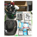 Hardware, bucket with rubber mallets, straw hat,
