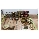 Metal - brass spittoon, candle holders, bell, deer