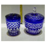 Glass - cobalt cut-to-clear covered jar and 2-pc