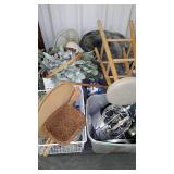 Household: stool, fan, decor baskets and foliage,