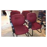 Four lobby chairs - three matching red with vinyl
