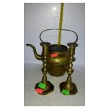Brass decor, set of candle sticks, and tea pot no