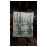 Painting on canvas, swamp tree scene, framed 29 x