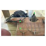 Misc group, 2 antique fork heads, plastic funnel,