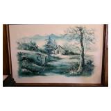 Framed wall decor oil paint on canvas, old cabin