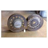 Two vintage wood spoke Dodge wheels, 17 inches in