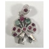 Pendant, 2/4cttw ruby and emerald silver milgrain